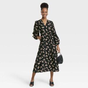 a new day Fall Autumn Black Tan Floral Midi Maxi Long Sleeve Dress Size 2X